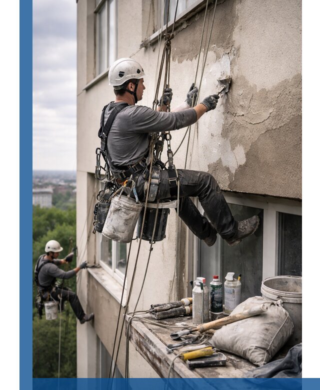 Косметический ремонт фасада зданий в Фурманове промышленными альпинистами