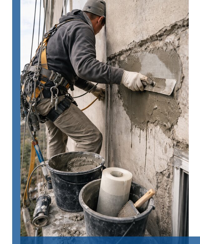 Ремонт бетонных элементов фасада промышленными альпинистами в Фурманове