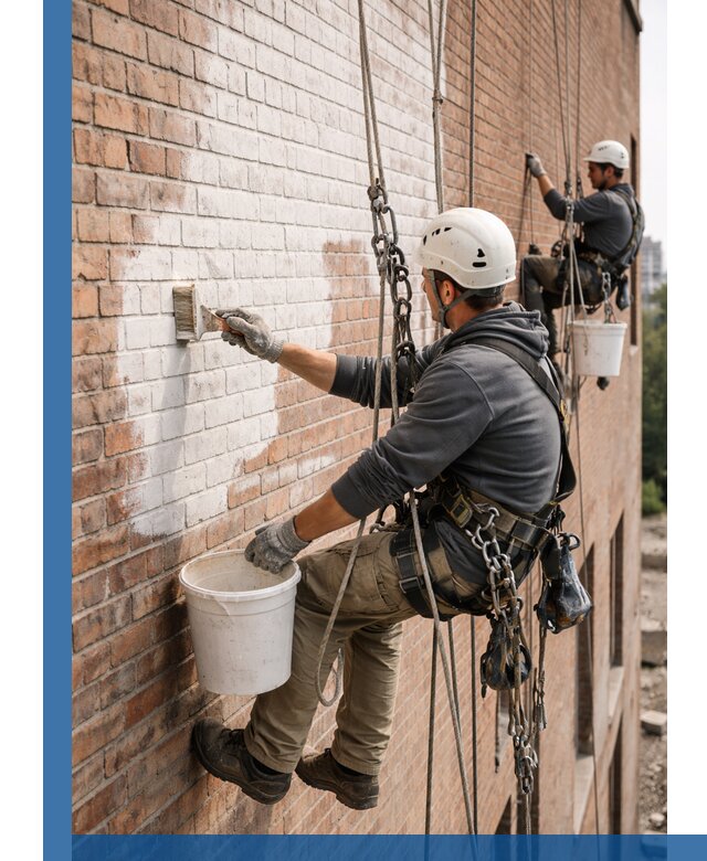 Покраска кирпичного фасада с доступным альпинистским сервисом в Фурманове