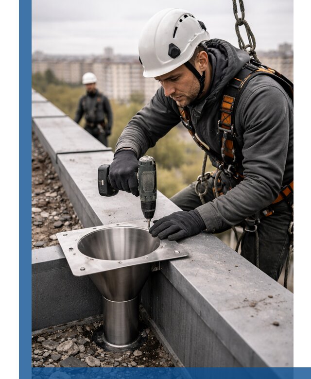 Монтаж водосточных воронок в Фурманове для промышленных зданий