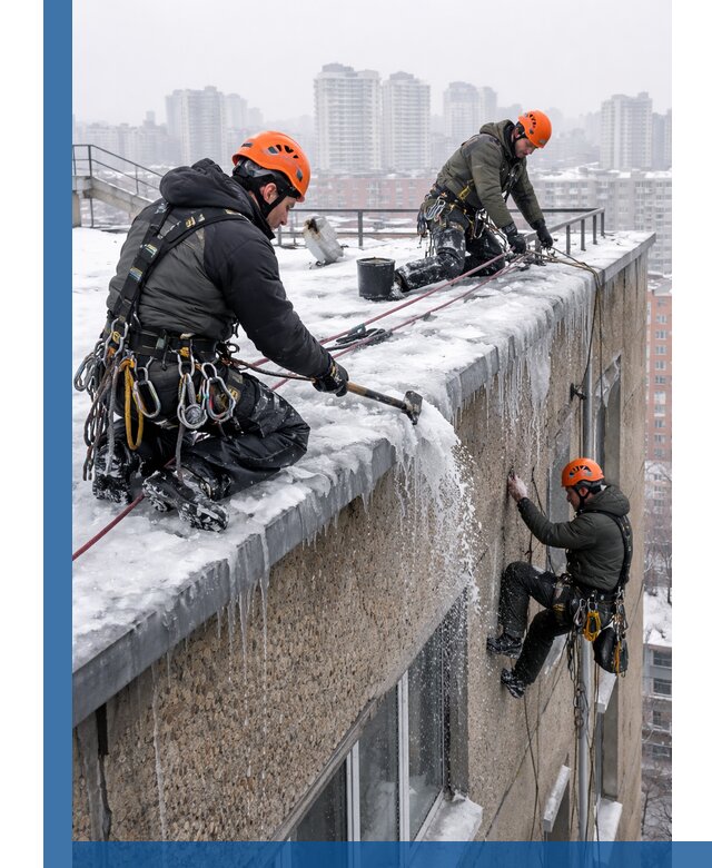 Удаление наледи с кровли в Фурманове промышленными альпинистами