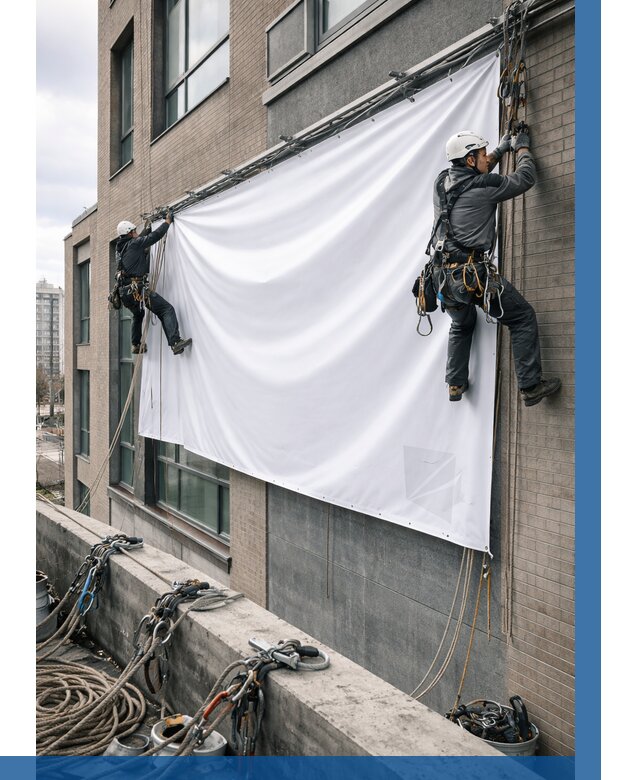 Монтаж баннеров на фасаде в Фурманове от 662 р. заказать ВЫСОТНИК-Фрв