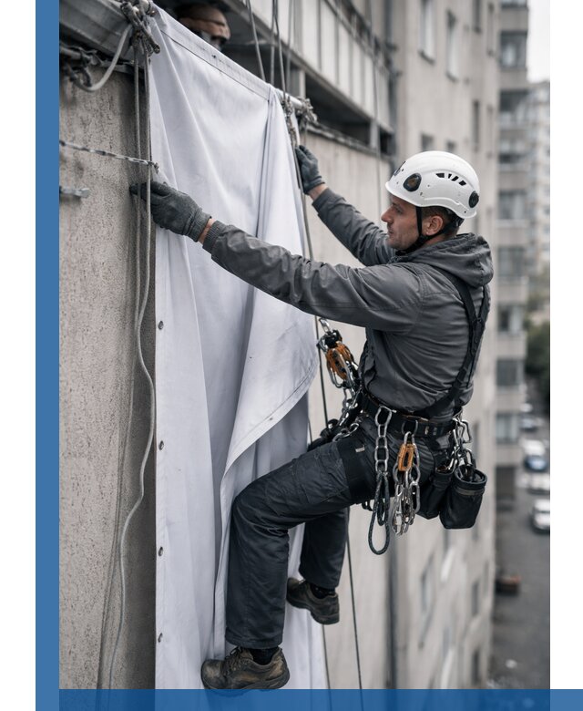 Замена баннерного полотна промышленными альпинистами в Фурманове
