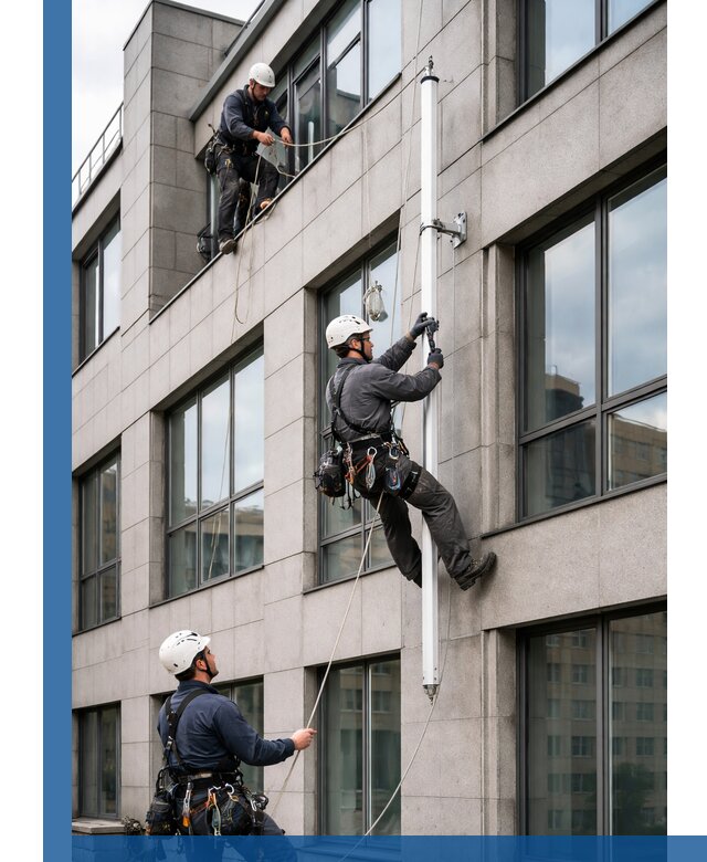 Монтаж флагштока на фасаде здания с креплением и герметикой в Фурманове