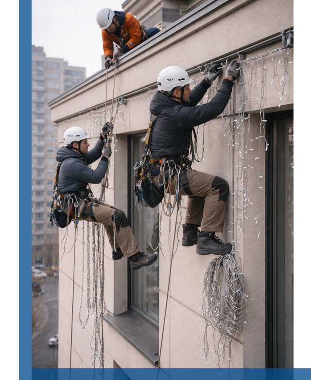 Монтаж праздничных гирлянд на фасаде в Фурманове для зданий