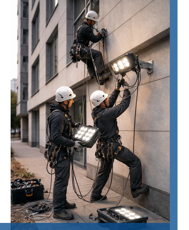 Монтаж прожекторов на фасаде в Фурманове от 7641 р. | ВЫСОТНИК-Фрв