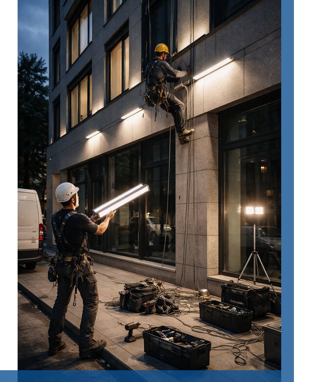 Монтаж архитектурной подсветки здания в Фурманове от 2547 р.|ВЫСОТНИК-Фрв