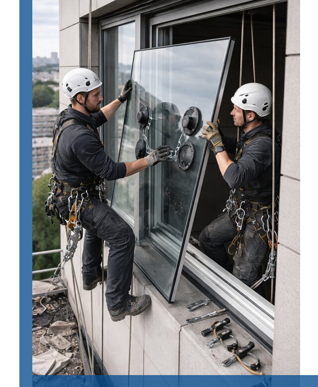 Замена стеклопакетов на высоте с промышленными альпинистами в Фурманове