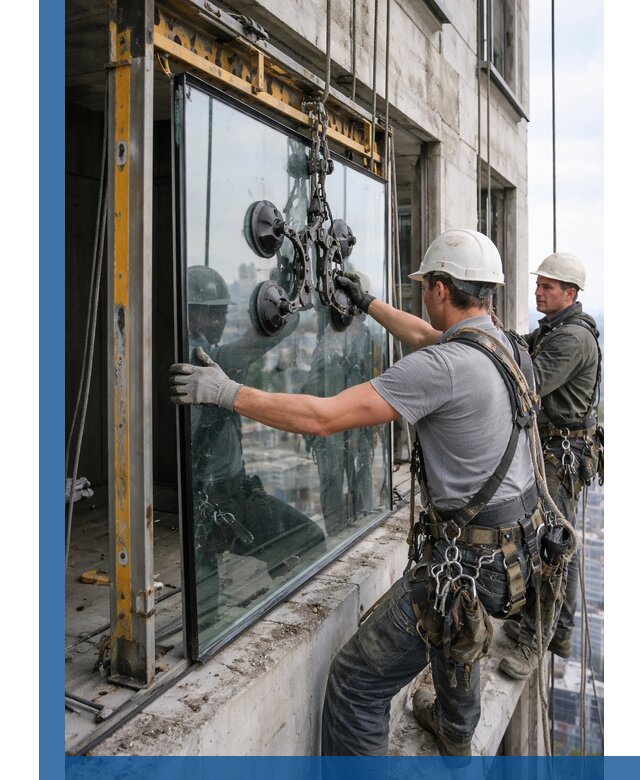 Монтаж стеклопакетов на высоте в Фурманове с промышленным альпинизмом