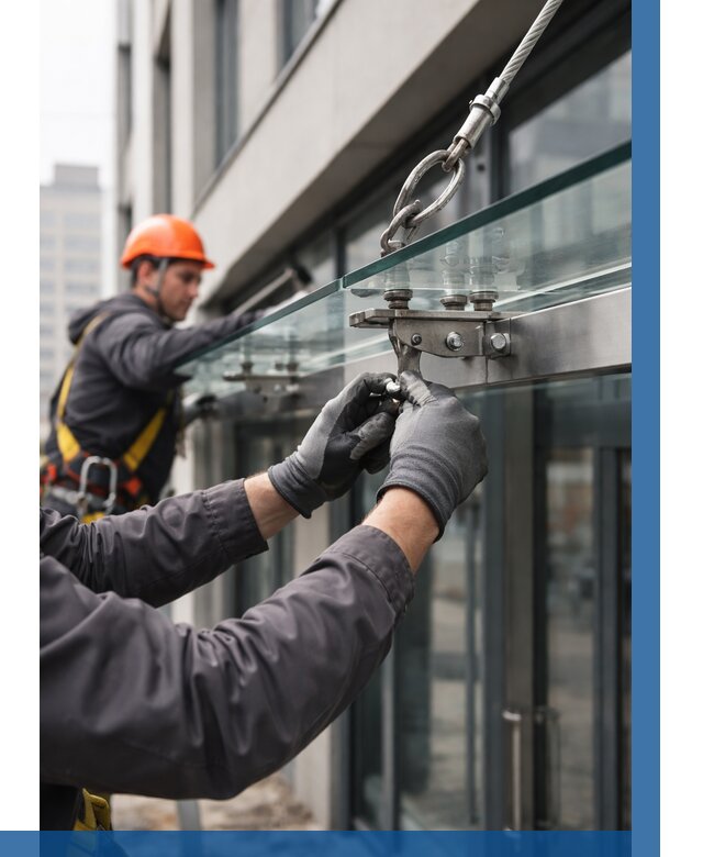 Монтаж стеклянных козырьков в Фурманове от 8660 р. | ВЫСОТНИК-Фрв