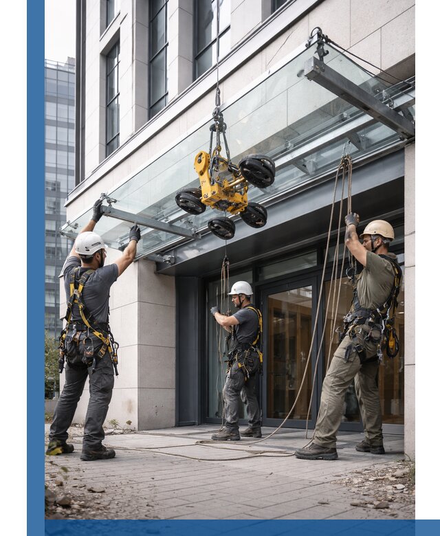 Монтаж стеклянных козырьков под ключ в Фурманове для зданий