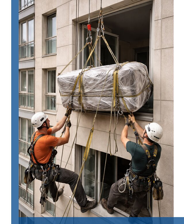 Подъем грузов через окно в Фурманове промышленными альпинистами